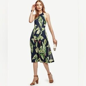 Ann Taylor Navy Palm Print Halter Midi Dress